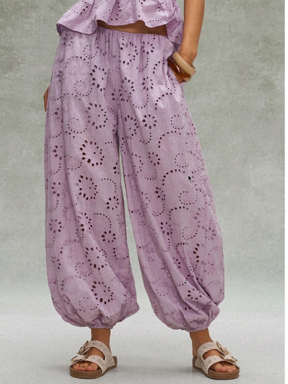  Boho Lilac Lavender Stretchy Waist Pockets Eyelet Cotton Jogger pants